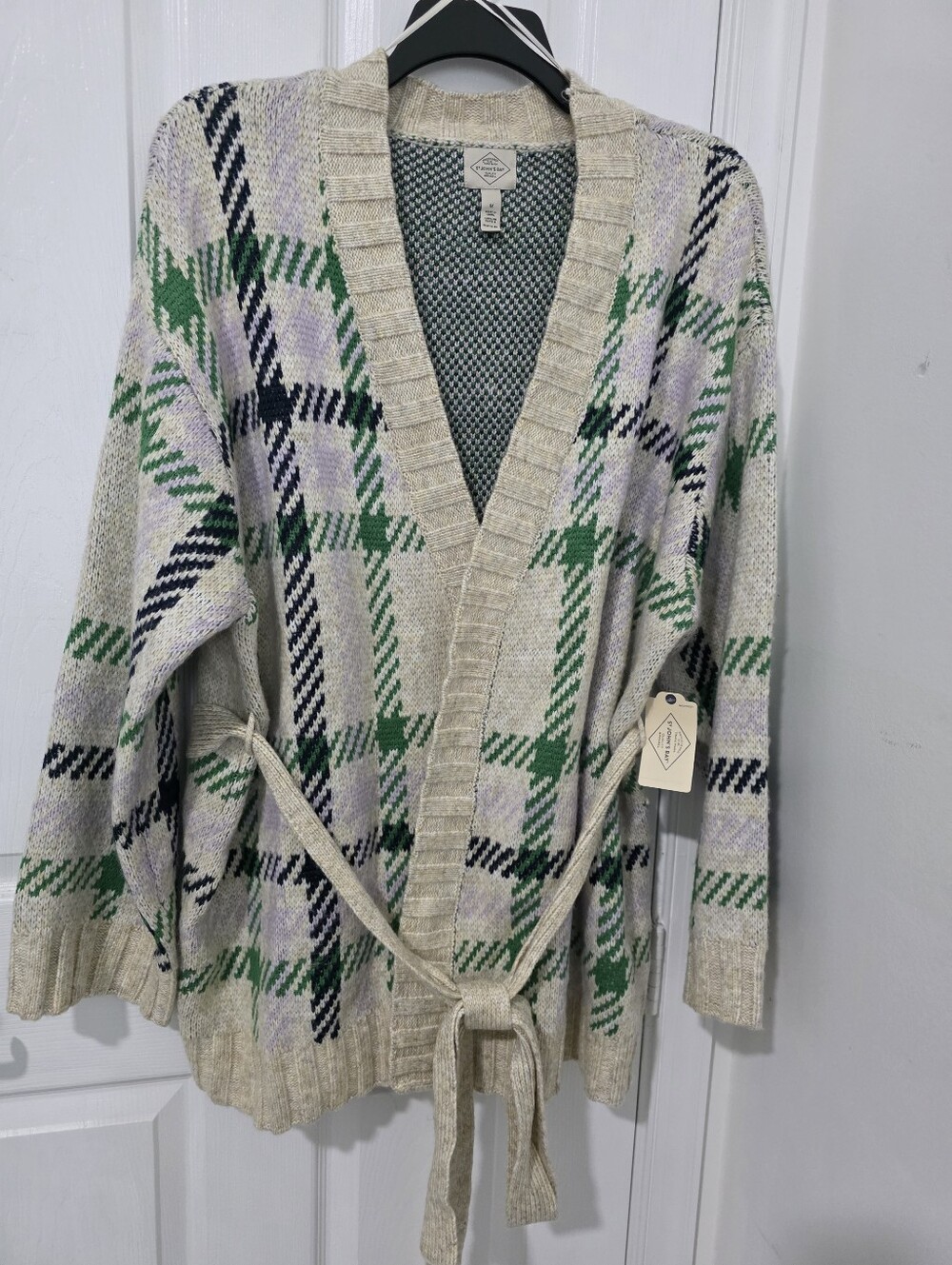 St. John's Bay Wrap Sweater Plaid Open-Front Cardigan - Green, Lavender, Navy - Picture 5 of 8